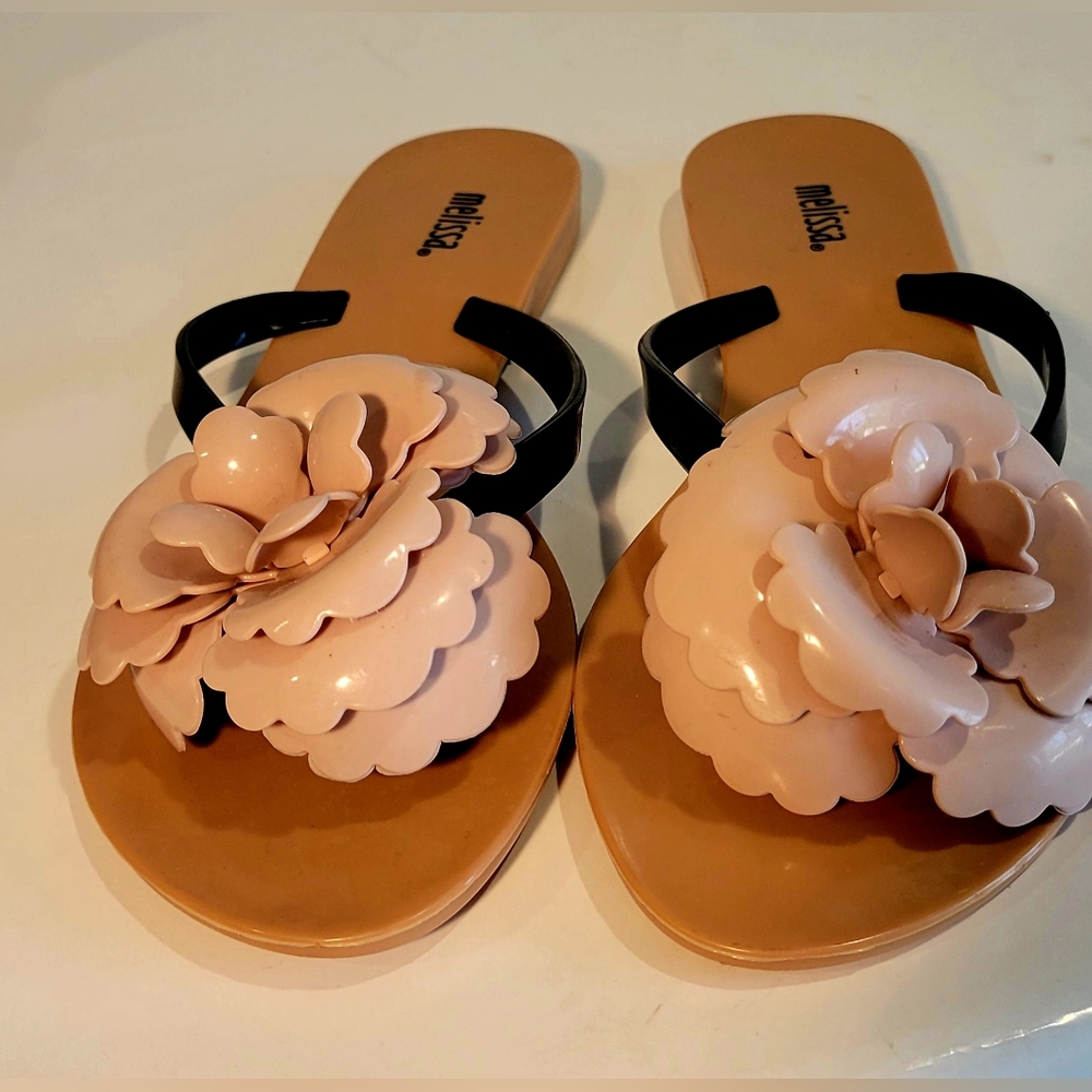 Melissa Women's Harmonoc Pink Floral Thang Sandals Beige/ Black Size 7 - Picture 5 of 7